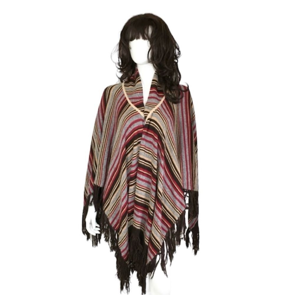 Anthropologie Parameter Rabbit Hair Boho Striped Fringe Shrug Poncho Sweater OS